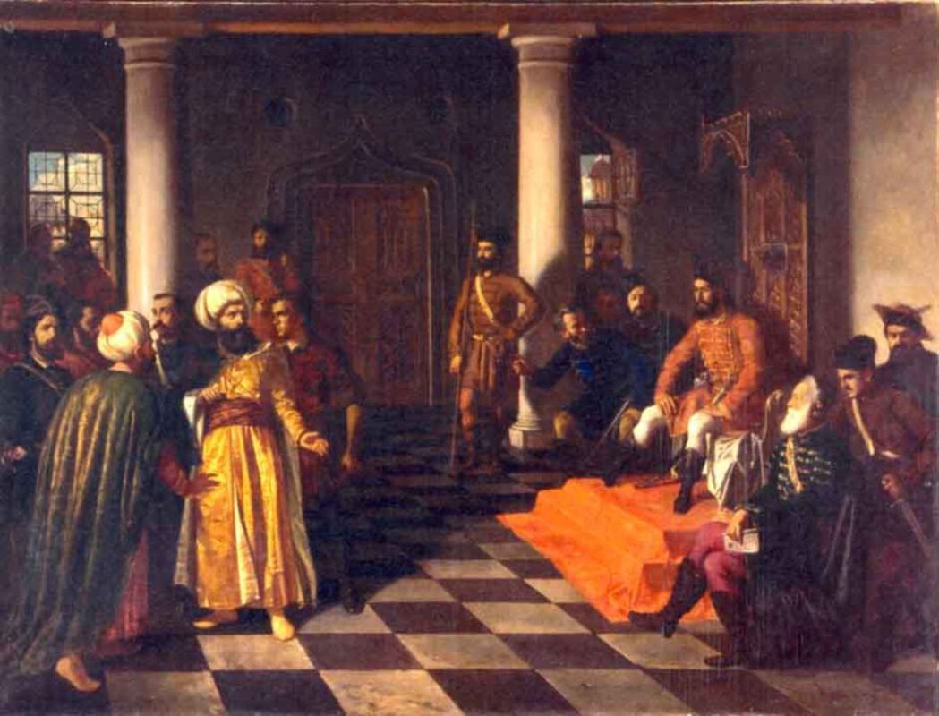 19世紀畫家Theodor Aman筆下，伏拉德三世接見鄂圖曼土耳其使者的場景。...