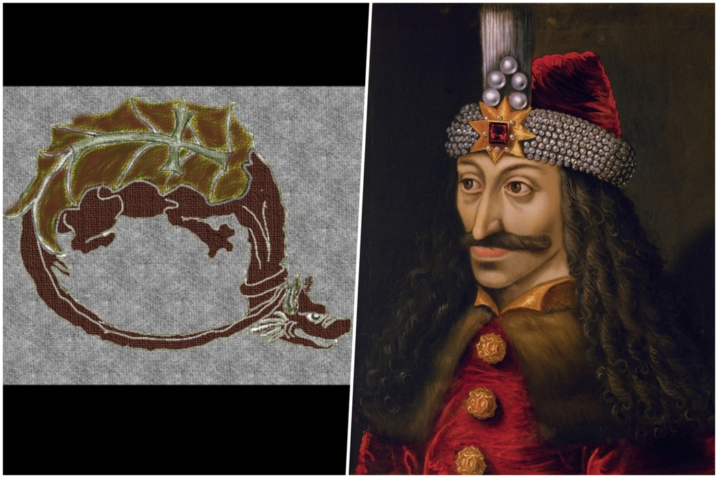 左為15世紀的龍騎士團徽章，右為15世紀的瓦拉幾亞大公——伏拉德三世，因其父是龍...