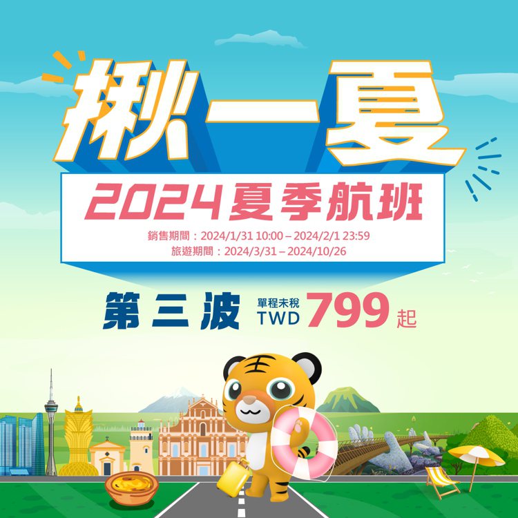 台灣虎航2024夏季航班開賣第三波來了，單程未稅票價799元起。圖／取自台灣虎航臉書粉專