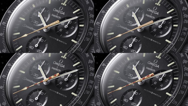 Swatch於2023年3月起，每一個月上市一只或兩只搭配Moonshine Gold秒針的「升級版」MoonSwatch聯名腕表。圖／Omega提供