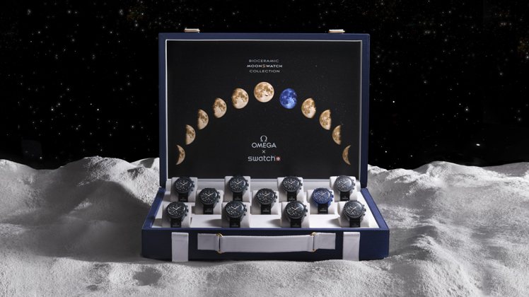 總共11套MoonSwatch Moonshine Gold行李箱表盒，將於全球11個城市中Omega專賣店中展出。圖／Omega提供