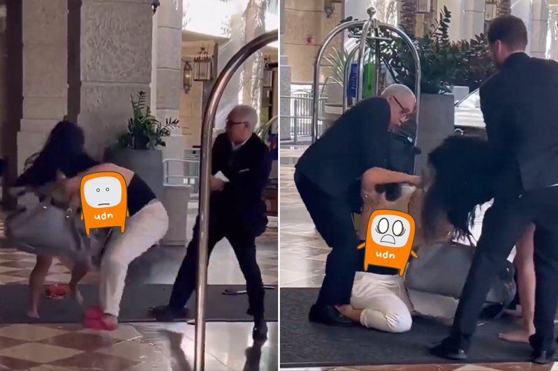 網上流傳影片長38秒，見到飯店大廳有1名穿平口上衣女子，與1名穿熱褲女子正在揮拳扯髮纏鬥。圖／取自X平台