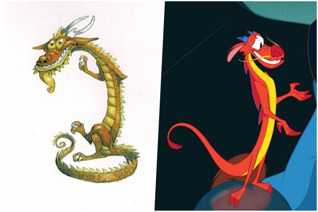 左為木須龍角色設計概念稿，右為定稿。 圖／《The Art of Mulan》、...