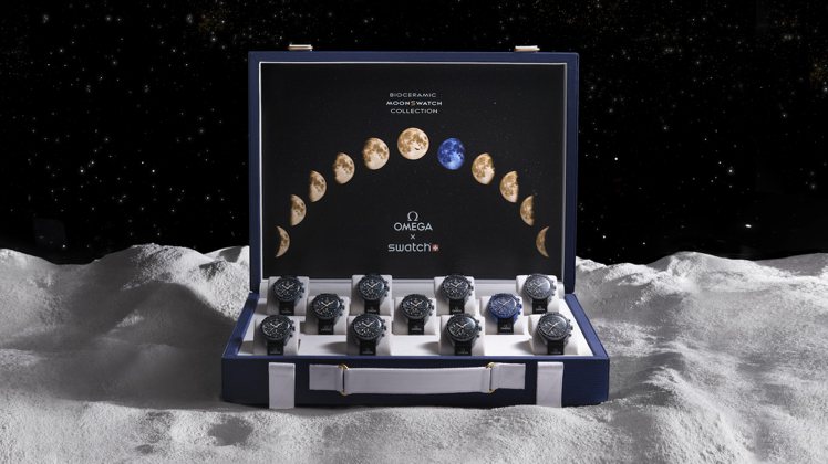 每一套的MoonSwatch Moonshine Gold行李箱表盒內，將包含11只的OMEGA X Swatch 「Mission to Moonshine Gold」時計碼表。圖／OMEGA提供