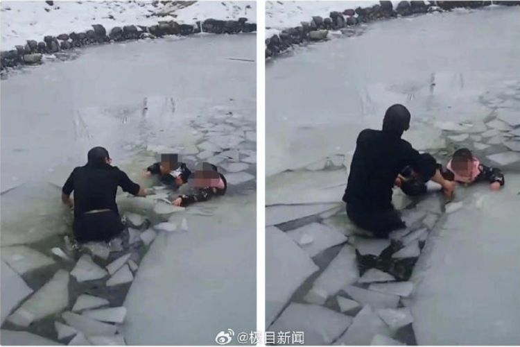 河南發生小孩落入冰窟意外。圖／極目新聞微博