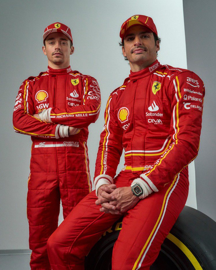 Scuderia Ferrari車隊的兩位車手Carlos Sainz與Charles Leclerc都配戴了RICHARD MILLE表款，展現雙方的深厚合作情誼。圖／翻攝自 IG @ scuderiaferrari