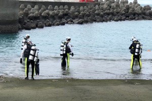 消防人員穿著全套潛水裝備下海搜尋失蹤者。記者黃子騰／翻攝