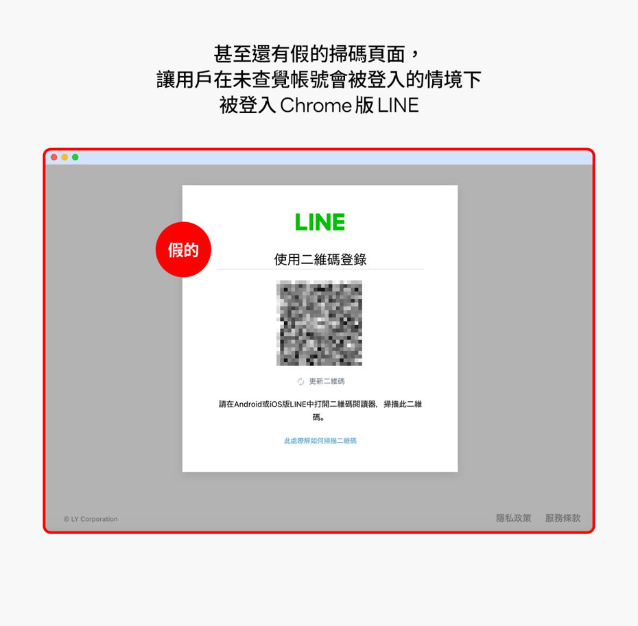 近期還有不肖人士製作假的掃碼頁面，讓用戶在不知不覺被登入Chrome版LINE。圖／LINE提供