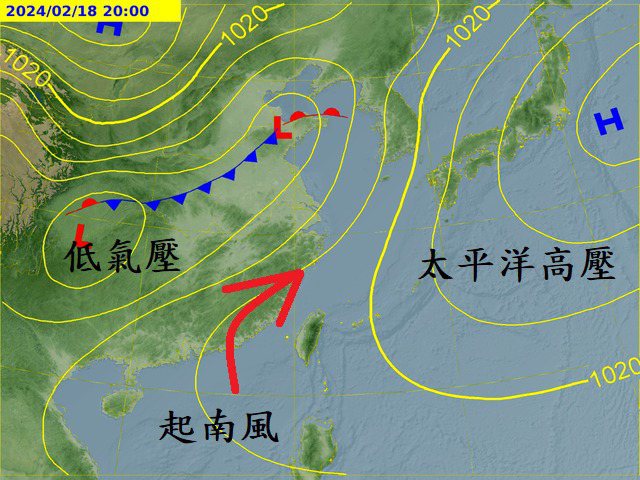 平洋高壓逐漸西伸，中國華中、華南區域開始有低壓區發展。圖／取自鄭明典臉書