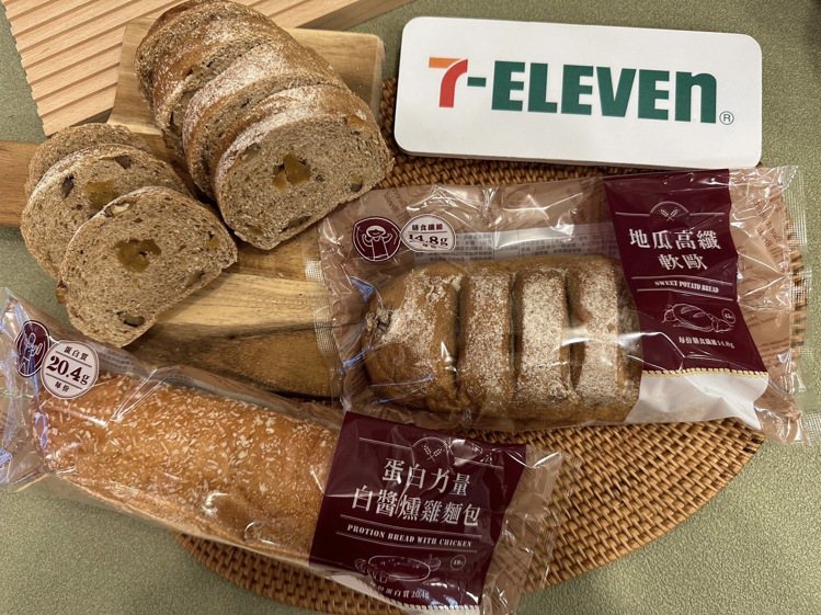 7-ELEVEN下週將推出超商通路首款添加高蛋白粉的麵包「蛋白力量－白醬燻雞」和添加高纖粉和多種穀物的「地瓜高纖軟歐」。圖／7-ELEVEN提供