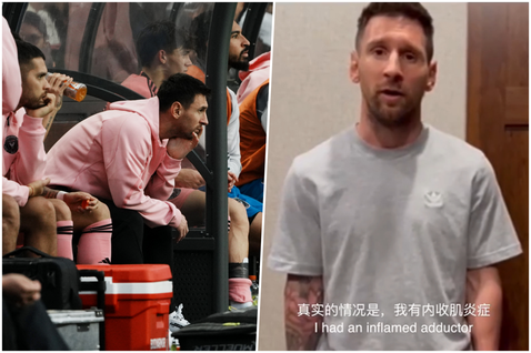 左為梅西在香港的表演賽時坐在替補席上，右為梅西微博上傳的說明影片。 圖／路透社、...