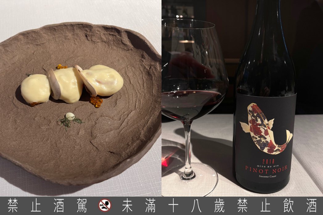 「醍醐蝦」（左）搭配上乾杯酒莊的水之音黑皮諾紅酒。 圖／Chris Chen提供