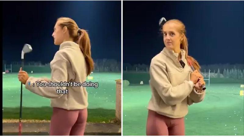 英國職業女子高爾夫球員波爾日前上網發布影片，可見到有位業餘玩家「指點」她怎麼揮桿，引來網友瘋傳與熱議。照片翻攝：Sportbible.com / TikTok@georgiagolfcoach