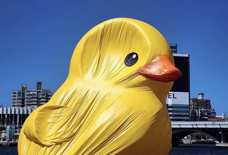 黃色小鴨被強風吹段電力設備，導致消風變形，成為活動中的有趣插曲。記者宋原彰／翻攝