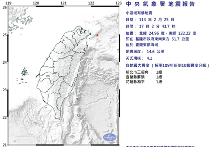 中央氣象署發布小區域有感地震報告。 圖／取自中央氣象署網站