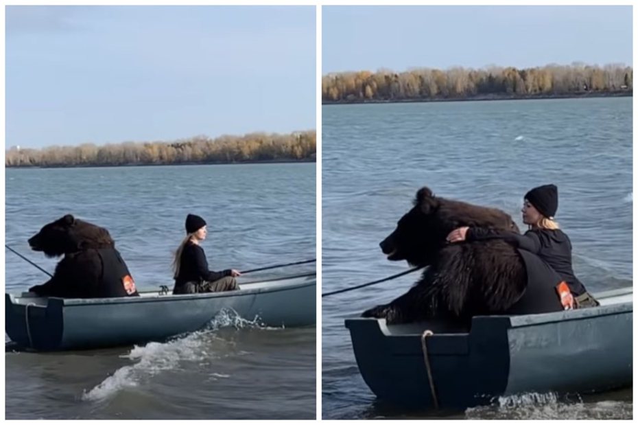 女子和棕熊共乘一條船釣魚。圖取自YouTube
