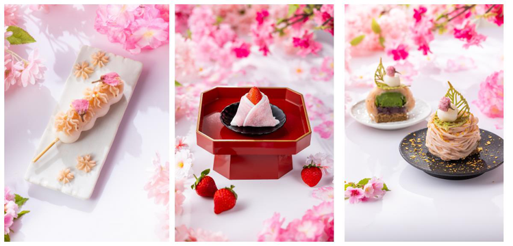 （左起）櫻花串糰子、櫻花蒙布朗、草莓姬大福。圖／京町山本屋提供