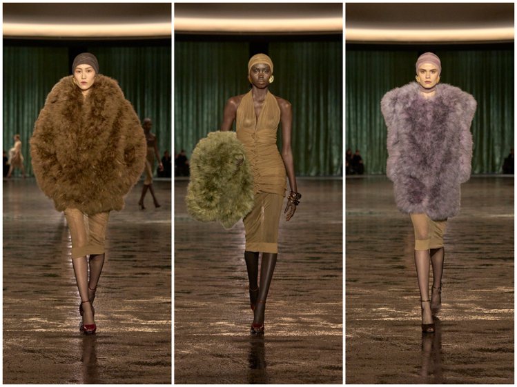 華麗的毛草外套，為高比例絲質、半透的服裝，帶來溫暖感受。圖／Saint Laurent提供（合成圖）