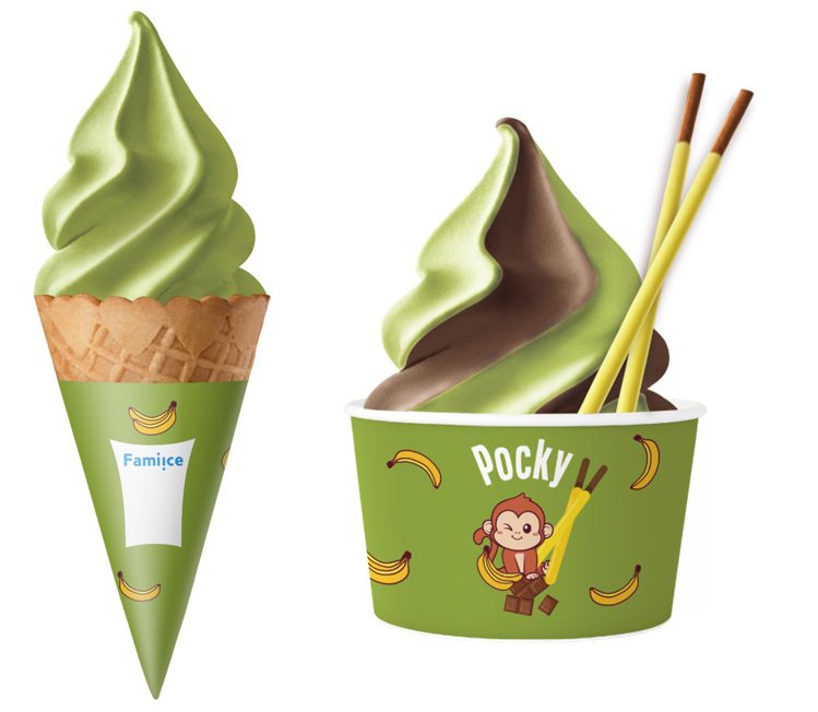 全家便利商店Fami!ce霜淇淋與知名零食品牌Pocky推出新吃法，3月5日至3月31日購買霜淇淋加10元即可獲得Pocky香蕉棒一盒。圖／全家便利商店提供