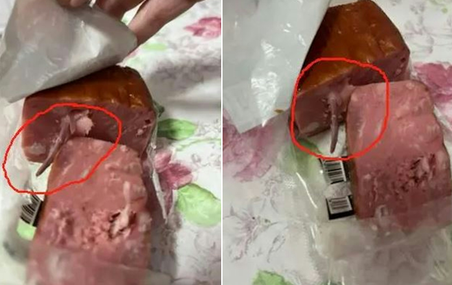 大陸一名網友爆料，稱其在所購買的龍大肉食生產的火腿中，發現一截疑似老鼠的尾巴。圖／擷自《香港01》
