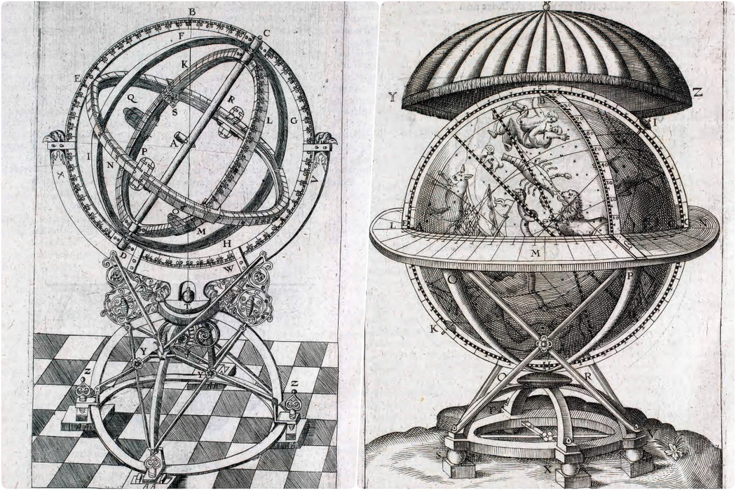 第谷的渾天儀（左）、星象儀，收錄於《重現天文觀測儀器》 圖／史密森尼博物館線上典...