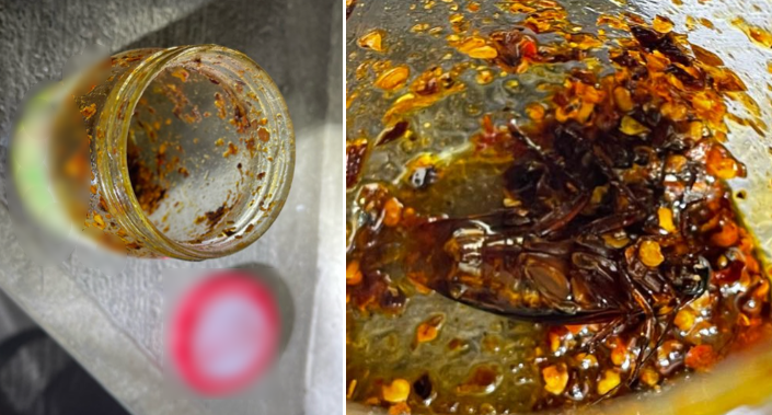 網友透露，他不久前在某素食店買了自製辣椒醬，吃到快見底時，竟意外看到一大隻蟑螂屍體。圖／擷自「爆料公社」