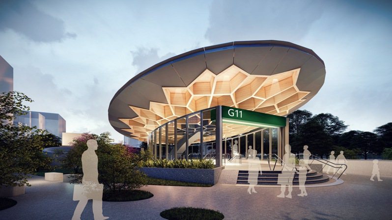 捷運綠線G11車站造型極具時尚感，出入口頂蓬為世界首創單一結構撐起的木構造頂蓬。圖／桃園市捷工局提供