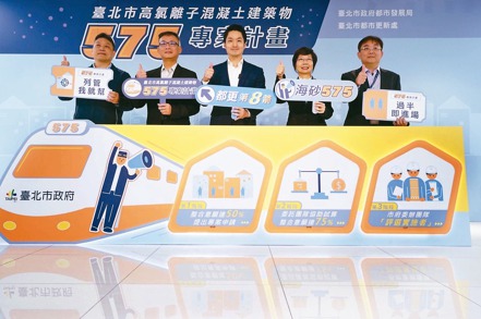 台北市長蔣萬安（左三）宣布，都更第八箭「575專案計畫」正式上路。台北市政府／提供