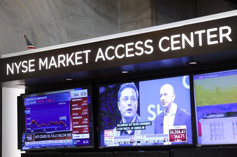 紐約證交所交易大廳螢幕看板顯示特斯拉執行長馬斯克（左）與亞馬遜創辦人貝佐斯（右）。路透