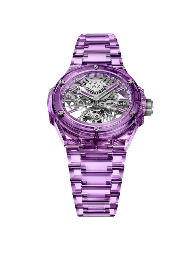 Big Bang Integrated紫色藍寶石陀飛輪鍊帶腕表。圖／宇舶表提供