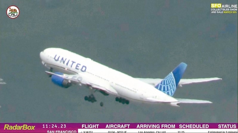 美國聯合航空一架客機七日從舊金山起飛後不久，其輪胎就從高空掉落。（美聯社）