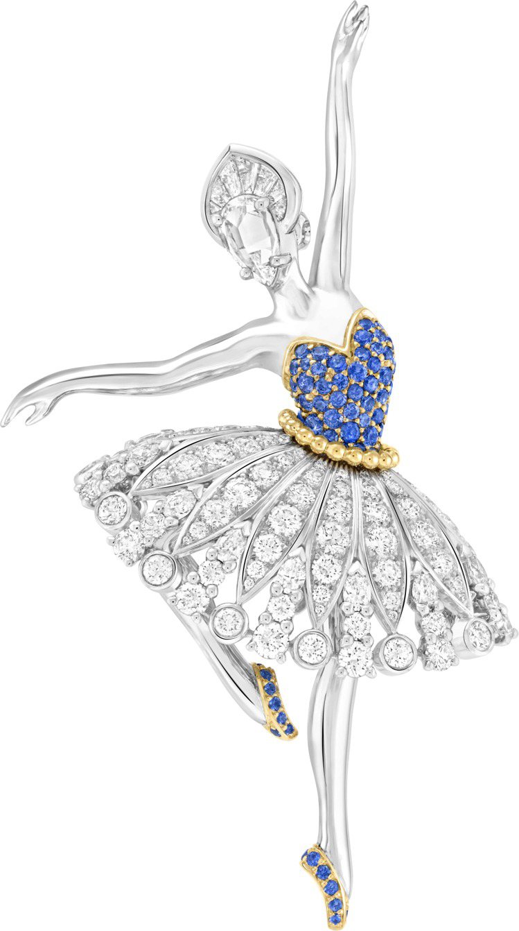 梵克雅寶展出作品Léonore芭蕾舞伶胸針，白K金與黃K金鑲嵌藍寶石、鑽石。圖／梵克雅寶提供