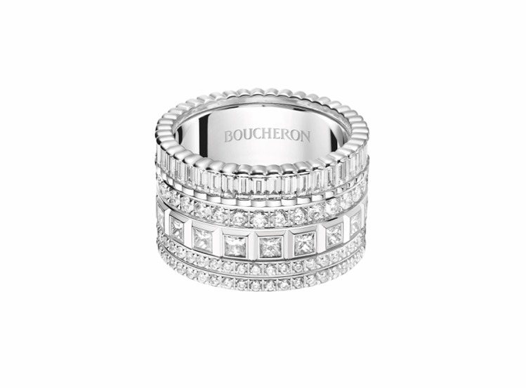高級珠寶系列Quatre Radiant戒指，白金、鑲嵌鑽石，多重紋飾裝飾，價格店洽。圖／Boucheron提供
