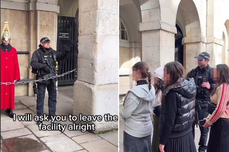 TikTok上近日流傳的一隻影片顯示，一群正在英國倫敦觀光的美國遊客對著正在站崗的國王衛隊士兵不斷起鬨，引來一位持槍的武裝員警介入制止。照片翻攝自X/NYPOST