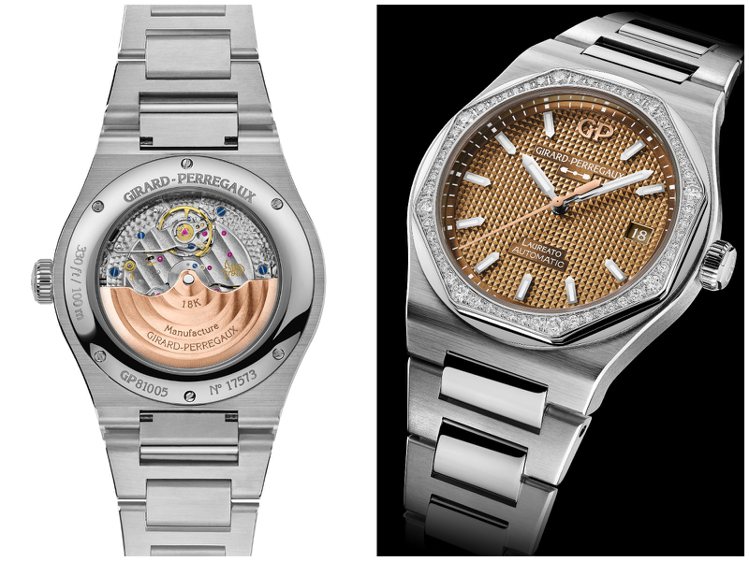 芝柏Laureato桂冠系列Copper腕表，GP03300自動上鍊機芯的主夾板、零件並經過珍珠紋、倒角、鏡面拋光、磨砂、太陽放射紋等多重工藝修飾。圖／Girard Perregaux（合成圖）