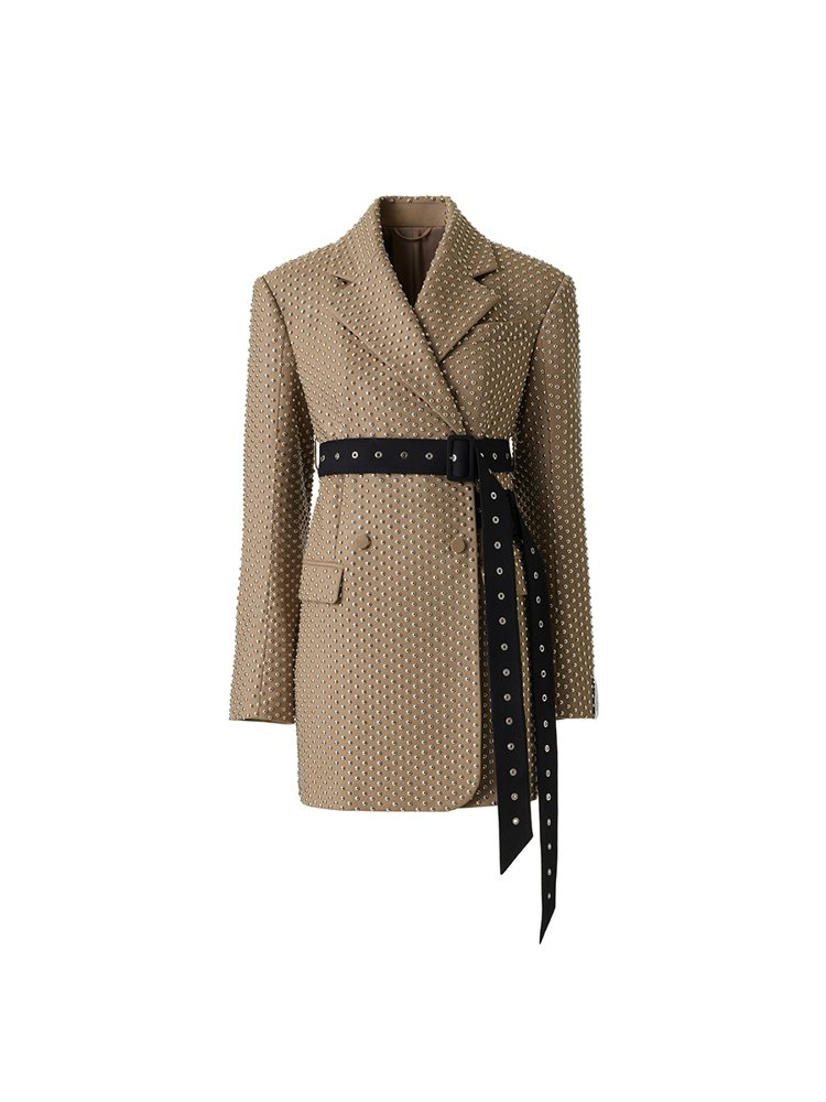 Rokh H&M設計師聯名系列鉚釘羊毛西裝外套，14,999元。圖／H&M提供