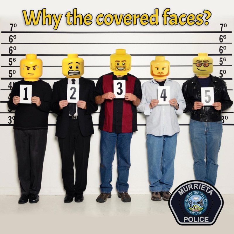 美国加州穆列塔警局在拍摄部分嫌犯的照片时，用乐高积木人偶头遮住脸，以遵照元旦生效的州法隐藏他们的身分。照片翻摄：FACEBOOK / Murrieta Police Department(photo:UDN)