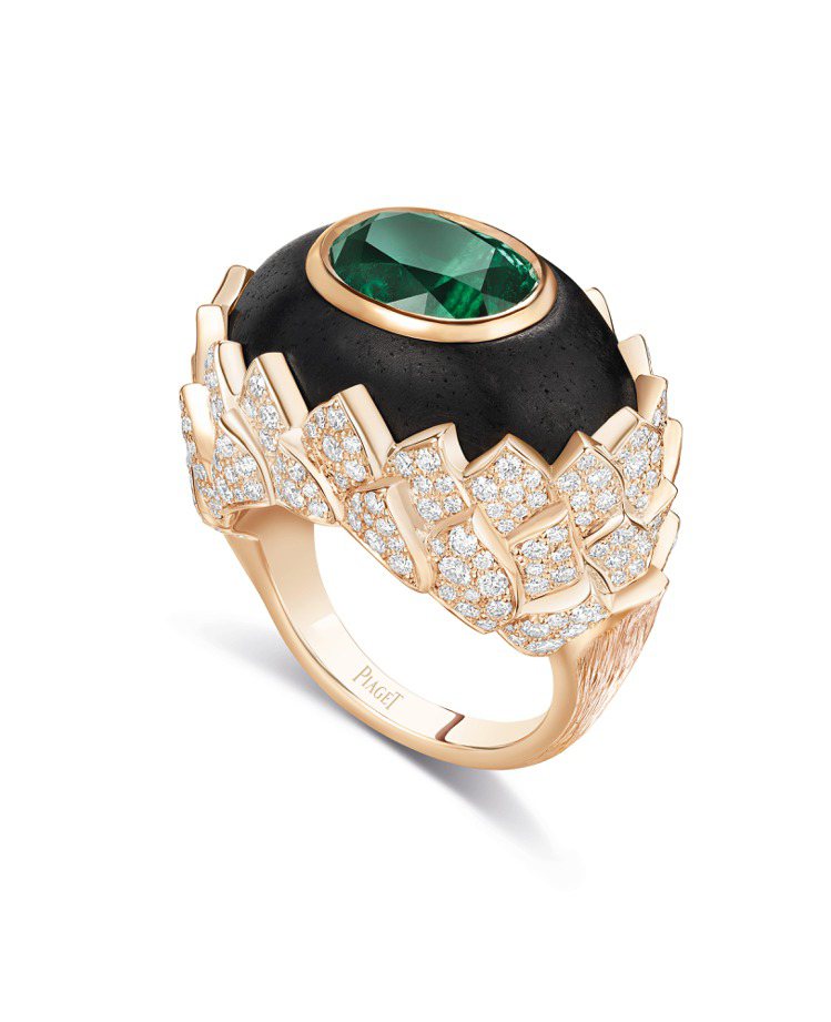 Metaphoria頂級珠寶系列Silua 18K玫瑰金祖母綠鑽石戒指，訂價約610萬元。圖／PIAGET提供