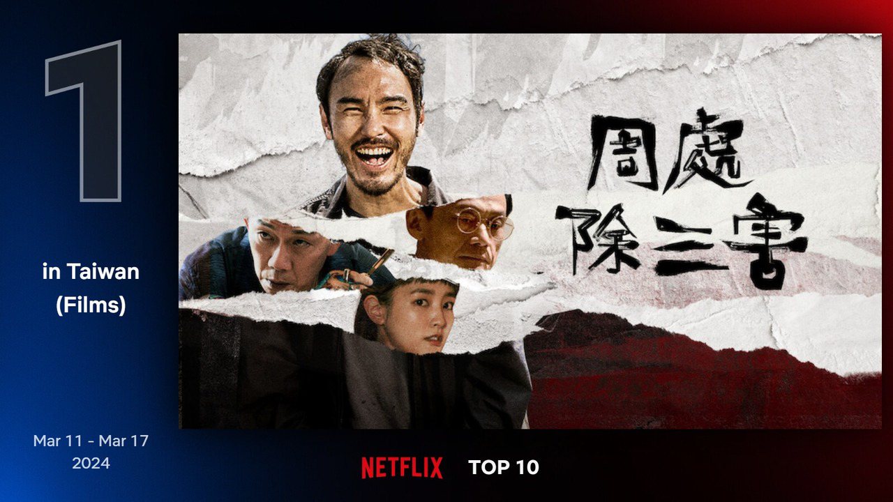 Netflix 最新TOP 10熱門電影片單第一名－《周處除三害》。圖/Netflix