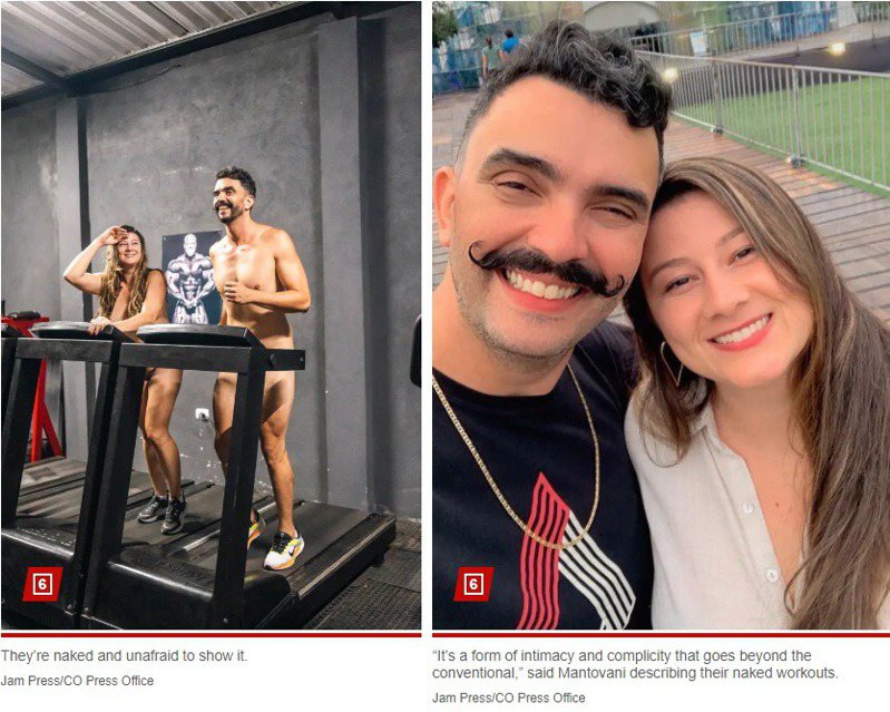 巴西一對夫妻包下健身房全裸健身，宣稱裸體運動效果更好。圖擷自紐約郵報