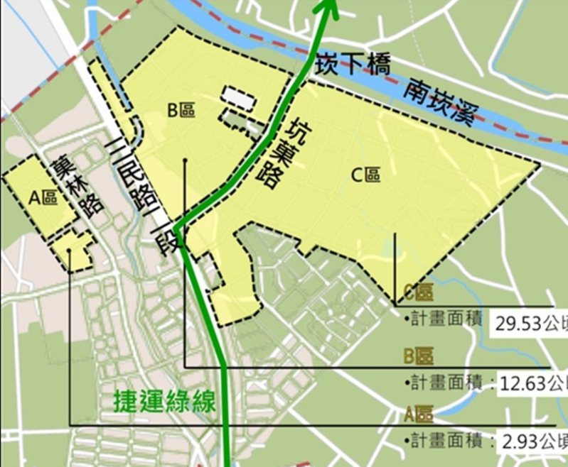 菓林重劃區範圍示意圖，黃色部分為開發面積。圖／桃園市政府提供