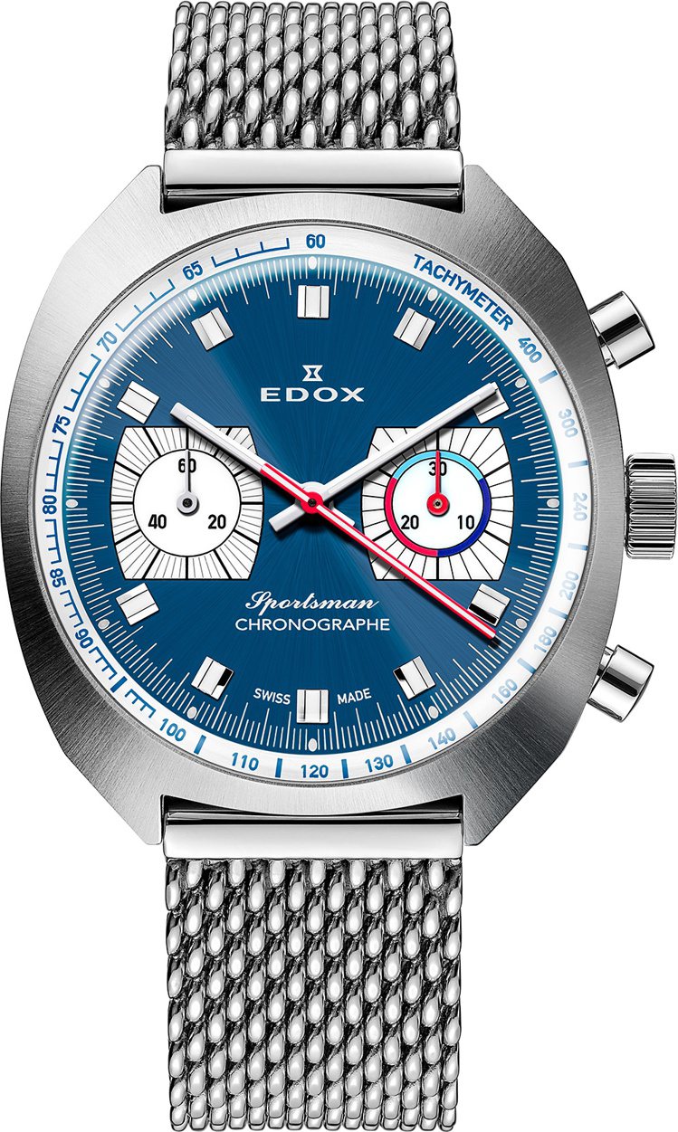 EDOX X BMW M Motorsport聯名Sportsman計時碼表，精鋼、藍色面盤、時間顯示與計時碼表功能，12萬9,800元。圖／EDOX提供