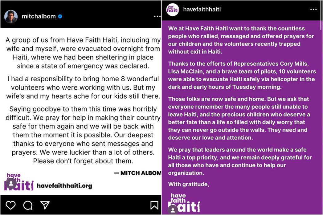 米奇．艾爾邦和海地有信團隊撤離後，在Instagram發布聲明。 圖／Insta...