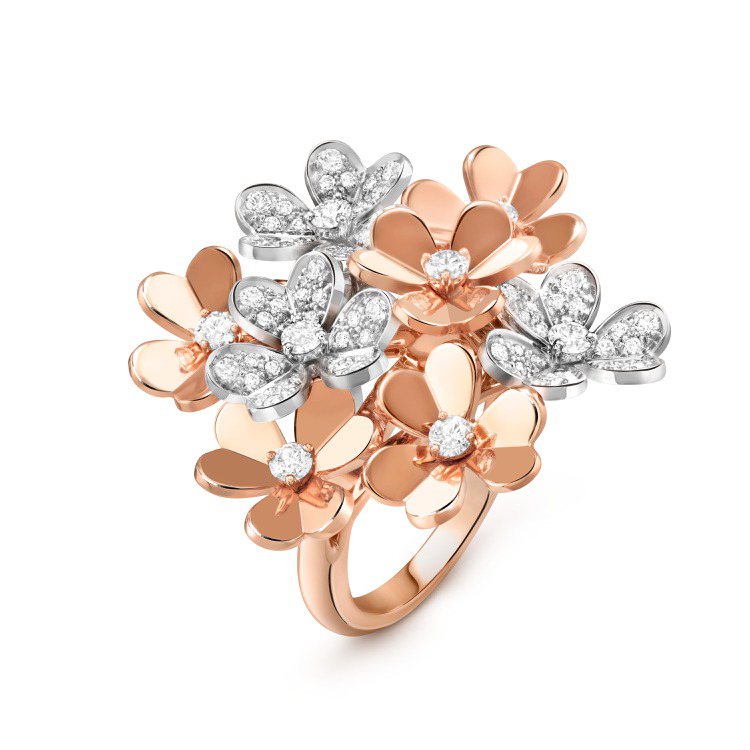 Frivole系列18K玫瑰金鑲鑽八花戒指，價格店洽。圖／梵克雅寶提供