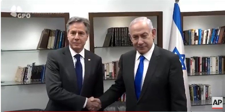 美國國務卿布林肯22日在以色列特拉維夫與以國總理內唐亞胡會面。圖／擷取自YouTube