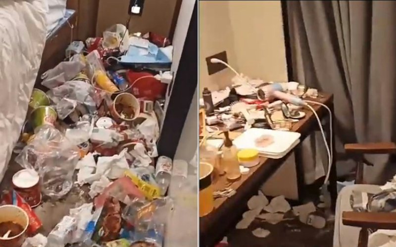 湖南長沙有2男2女共4名未成年人到飯店合租1間標準客房3個月，退房時留下滿屋垃圾。圖／截自微博影片