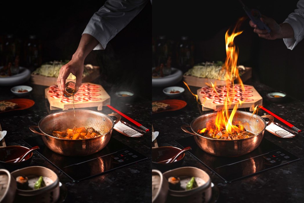 兩種煲皆會在客人眼前以大火爆炒，再淋入頂級白蘭地後燒出熾熱火焰。 圖／明粵提供
