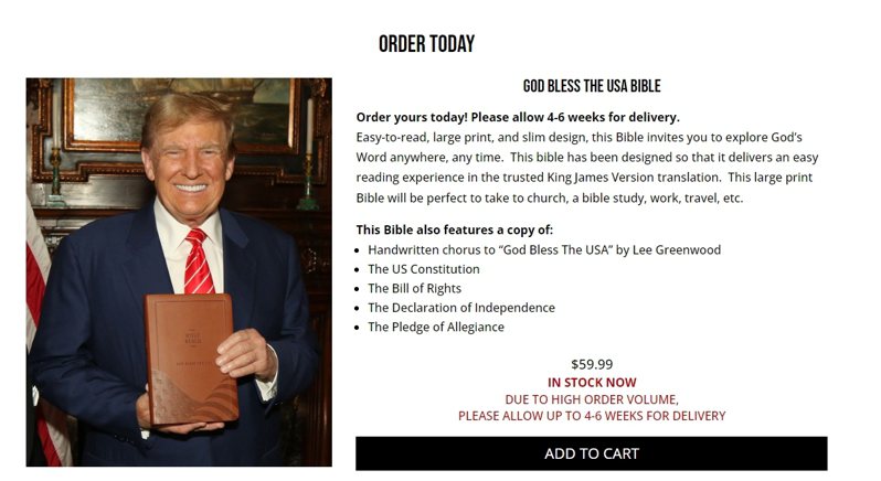 ▲川普带货宣传《天佑美国圣经》，一本售价59.99美元，可在其网站GodBlessTheUSABible.com订购（图片来源: GOD BLESS THE USA BIBLE）