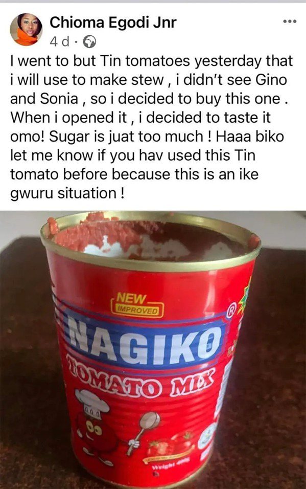 奥科里公开指出当地品牌的番茄酱太甜。图／撷自「FB」Chioma Egodi Jnr