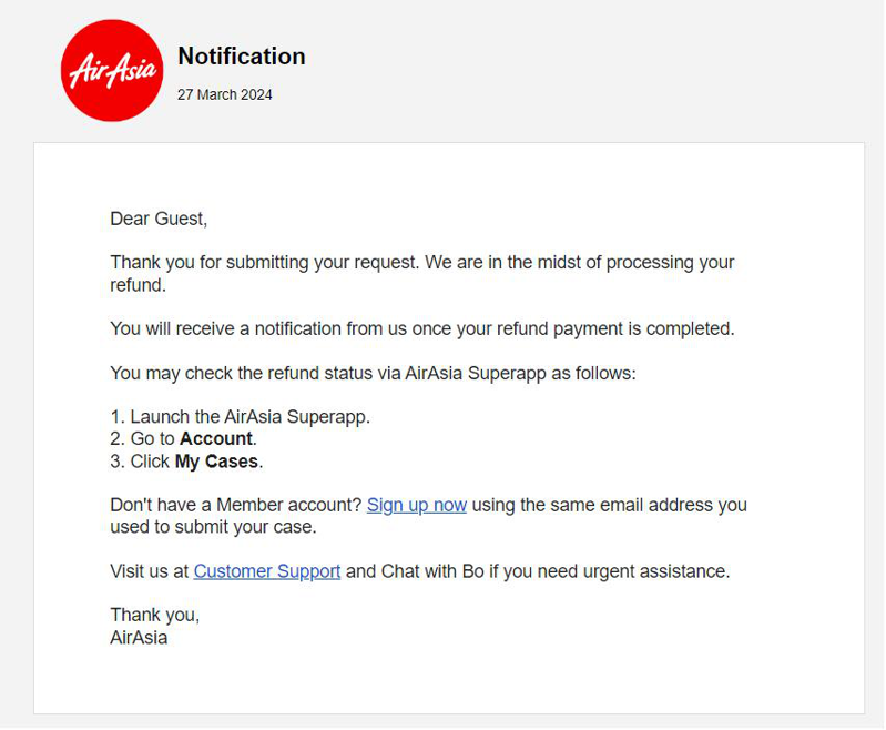 马来西亚廉航「AirAsia X」上周开卖日本航线，昨却传出多人收到「台北-东京成田」航班取消的退款信。图／取自PTT日旅版